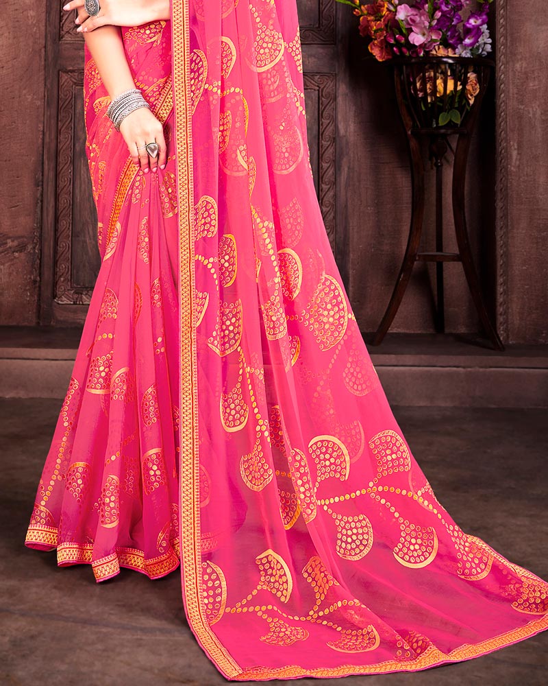 Vishal Prints Pink Brasso Saree With Foil Print And Zari Border