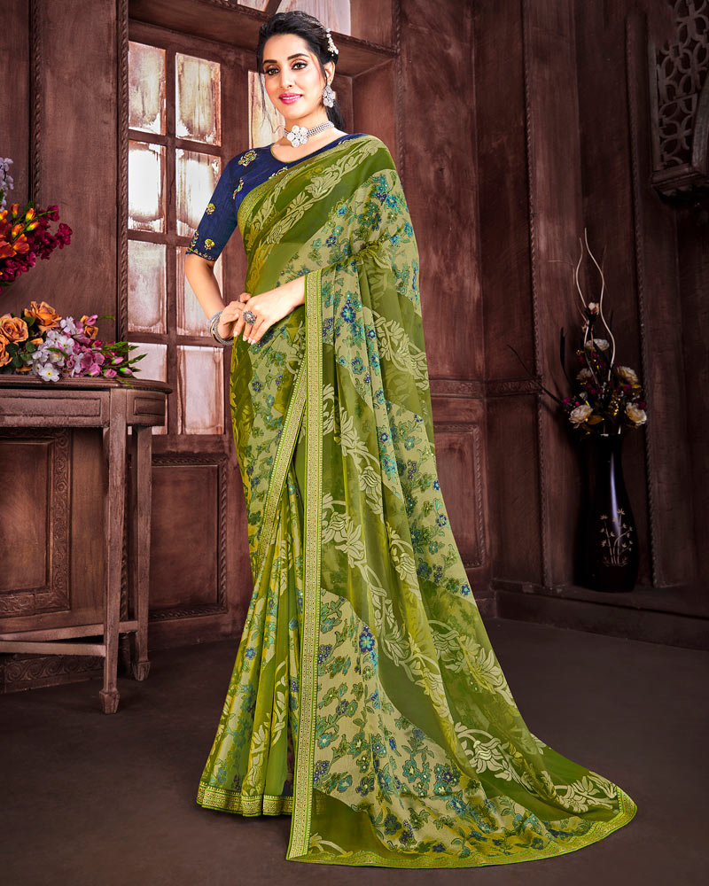Vishal Prints Green Brasso Saree With Foil Print And Zari Border