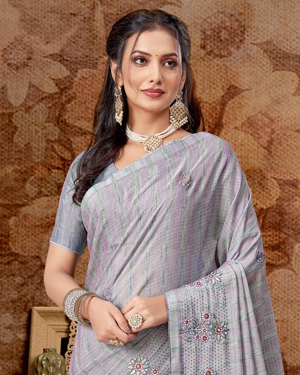 Vishal Prints Cool Grey Designer Chiffon Saree With Embroidery Work And Core Piping