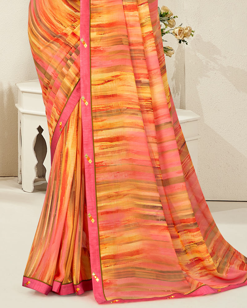 Vishal Prints Pastel Orange Digital Print Georgette Saree With Fancy Border