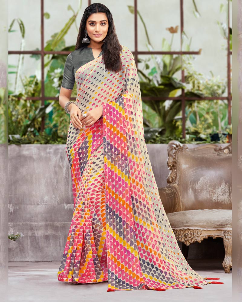 Vishal Prints Off White Printed Fancy Georgette Saree With Core Piping