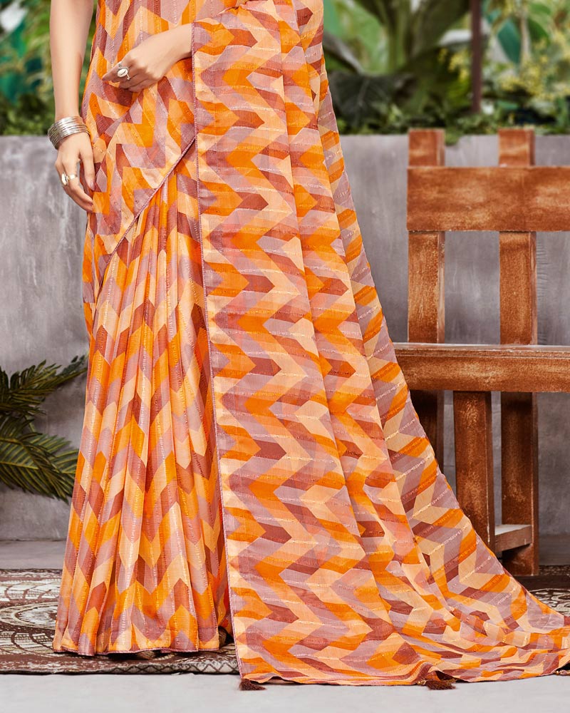 Vishal Prints Yellowish Orange Printed Fancy Georgette Saree With Core Piping