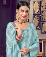Vishal Prints Pastel Teal Green Patterned Chiffon Printed Saree With Diamond And Core Piping
