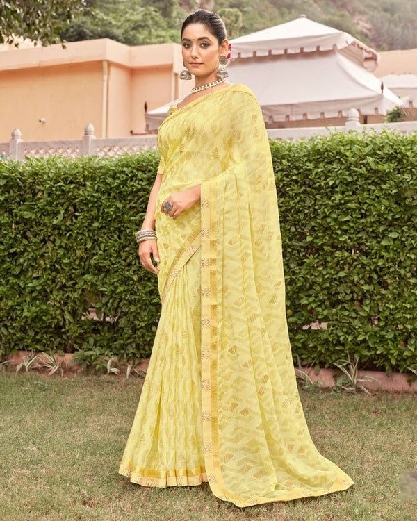 Vishal Prints Pastel Yellow Printed Fancy Chiffon Saree With Foil Print And Border