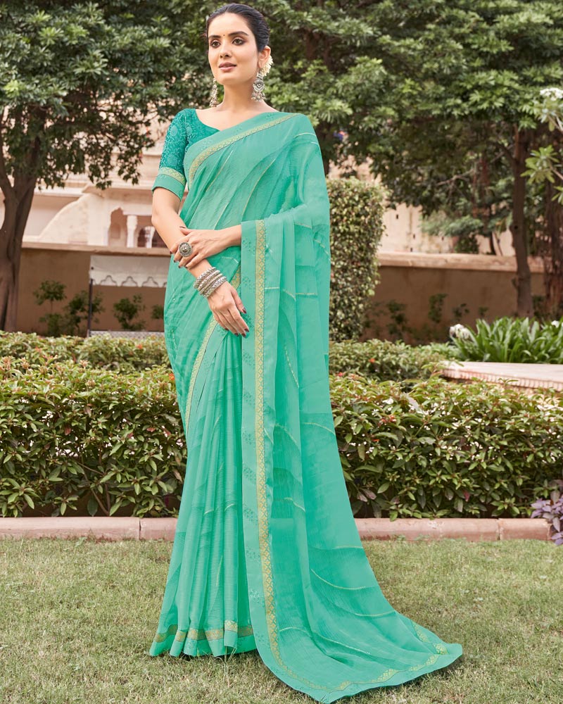 Vishal Prints Aqua Green Printed Fancy Chiffon Saree With Foil Print And Border