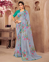 Vishal Prints Light Grey Printed Georgette Saree With Core Piping