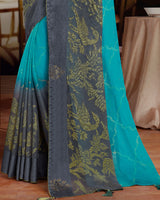 Vishal Prints Turquoise And Grey Brasso Saree With Diamond Work And Tassel