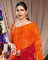 Vishal Prints Orange And Red Brasso Saree With Diamond Work And Tassel