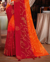 Vishal Prints Orange And Red Brasso Saree With Diamond Work And Tassel