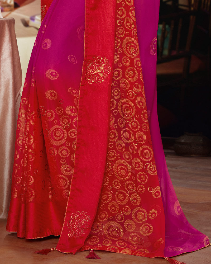 Vishal Prints Violet And Red Brasso Saree With Diamond Work And Tassel