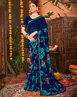 Vishal Prints Dark Blue Printed Georgette Saree With Border
