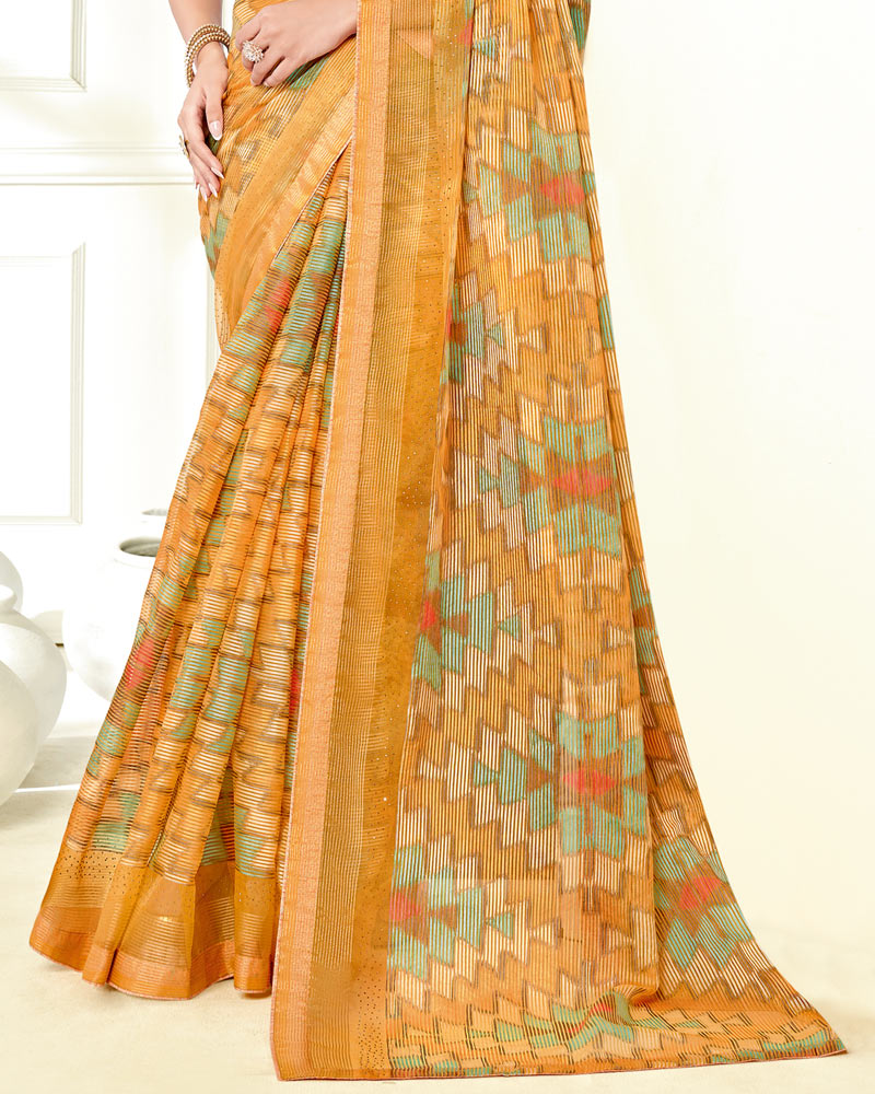 Vishal Prints Pastel Orange Ikkat Digital Print Saree With Diamond Work And Core Piping