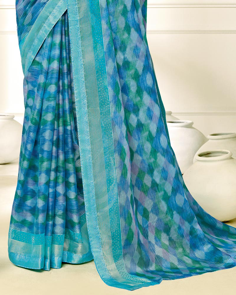 Vishal Prints Dark Turquoise Blue Ikkat Digital Print Saree With Diamond Work And Core Piping