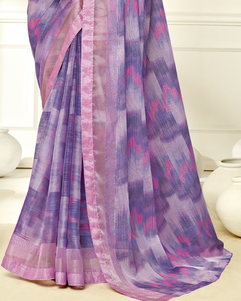Vishal Prints Lavender Ikkat Digital Print Saree With Diamond Work And Core Piping