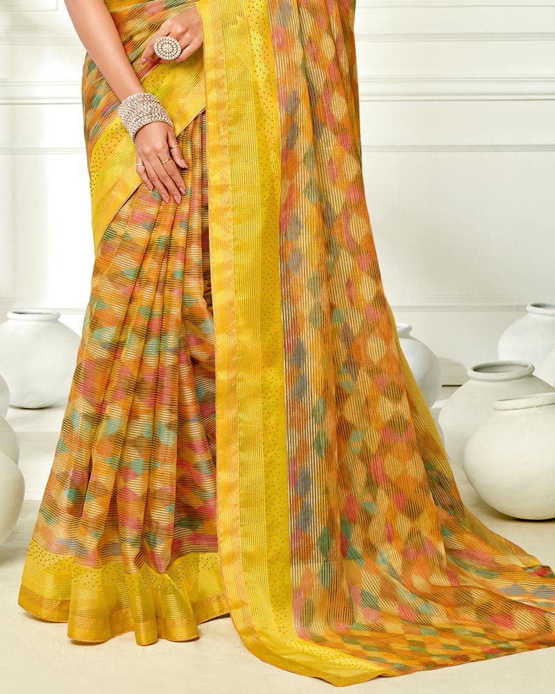 Vishal Prints Yellow Ikkat Digital Print Saree With Diamond Work And Core Piping