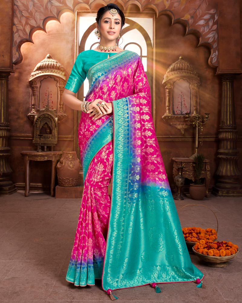 Vishal Prints Hot Pink And Turquoise Silk Weaving Saree With Zari Border And Tassel