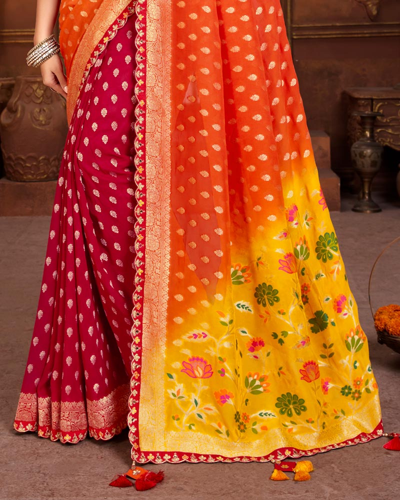 Vishal Prints Orange And Red Silk Weaving Saree With Zari Border And Tassel