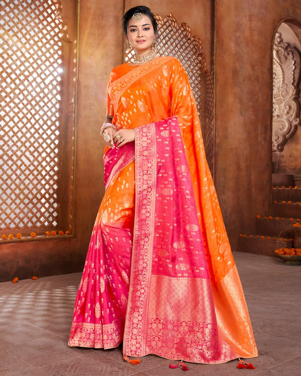 Vishal Prints Orange And Hot Pink Silk Weaving Saree With Zari Border And Tassel