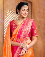 Vishal Prints Orange And Hot Pink Silk Weaving Saree With Zari Border And Tassel