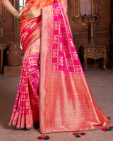 Vishal Prints Hot Pink And Orange Silk Weaving Saree With Zari Border And Tassel