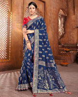Vishal Prints Dark Blue Silk Weaving Saree With Zari Border And Tassel