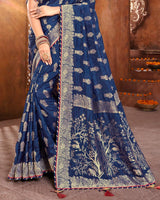 Vishal Prints Dark Blue Silk Weaving Saree With Zari Border And Tassel