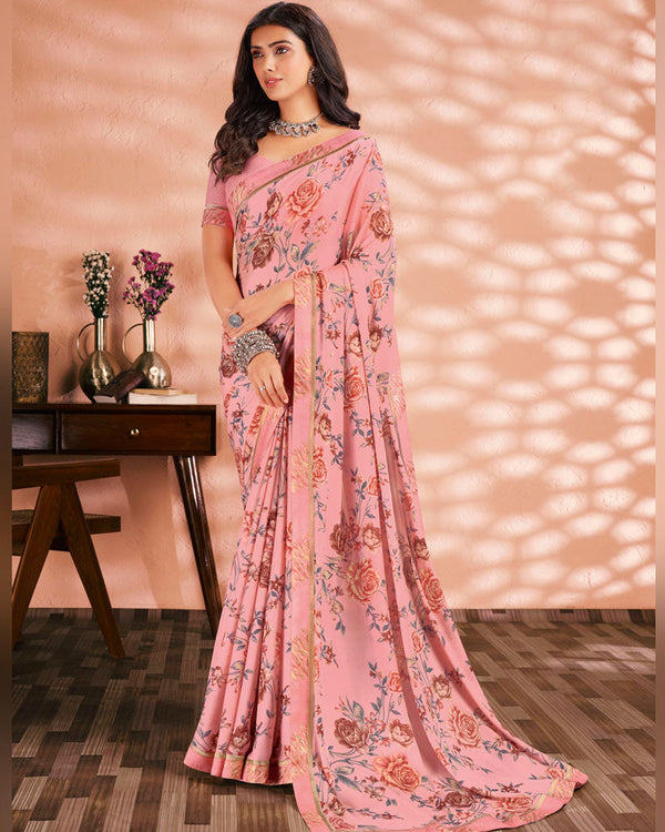 Vishal Prints Pink Printed Criva Crepe Saree With Fancy Border