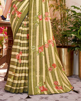 Vishal Prints Mehandi Green Fancy Chiffon Saree With Core Piping And Tassel