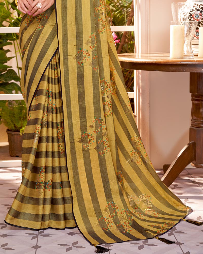 Vishal Prints Light Mustard Fancy Chiffon Saree With Core Piping And Tassel